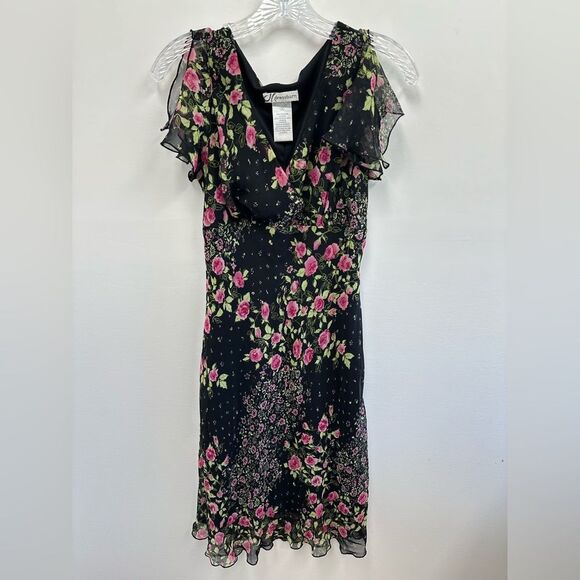 Vintage Y2K Black & Pink Ruffle Flutter Sleeve V-neck Midi Dress Size 8 - Picture 6 of 10